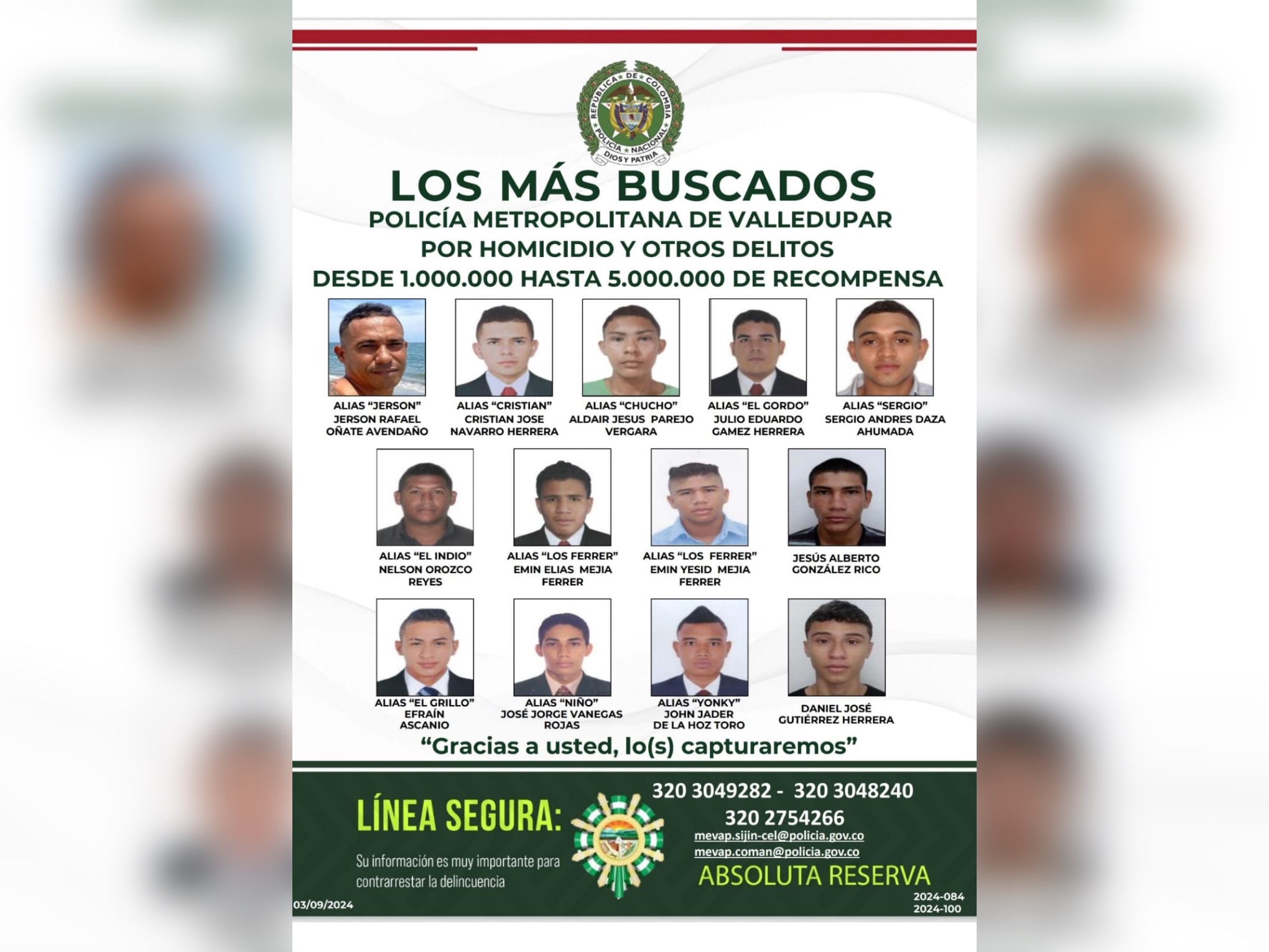 Estas personas figuran en el cartel por diferentes delitos. Foto: Policía Metropolitana de Valledupar
