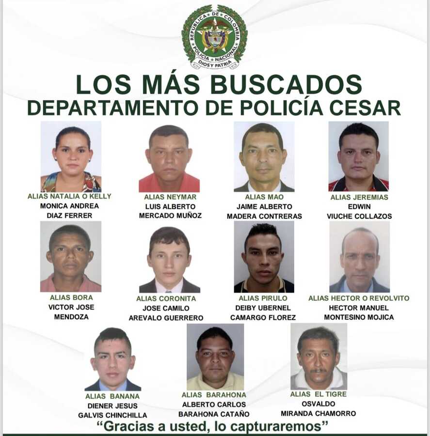 La Policía revela el cartel de los más buscados en el Cesar