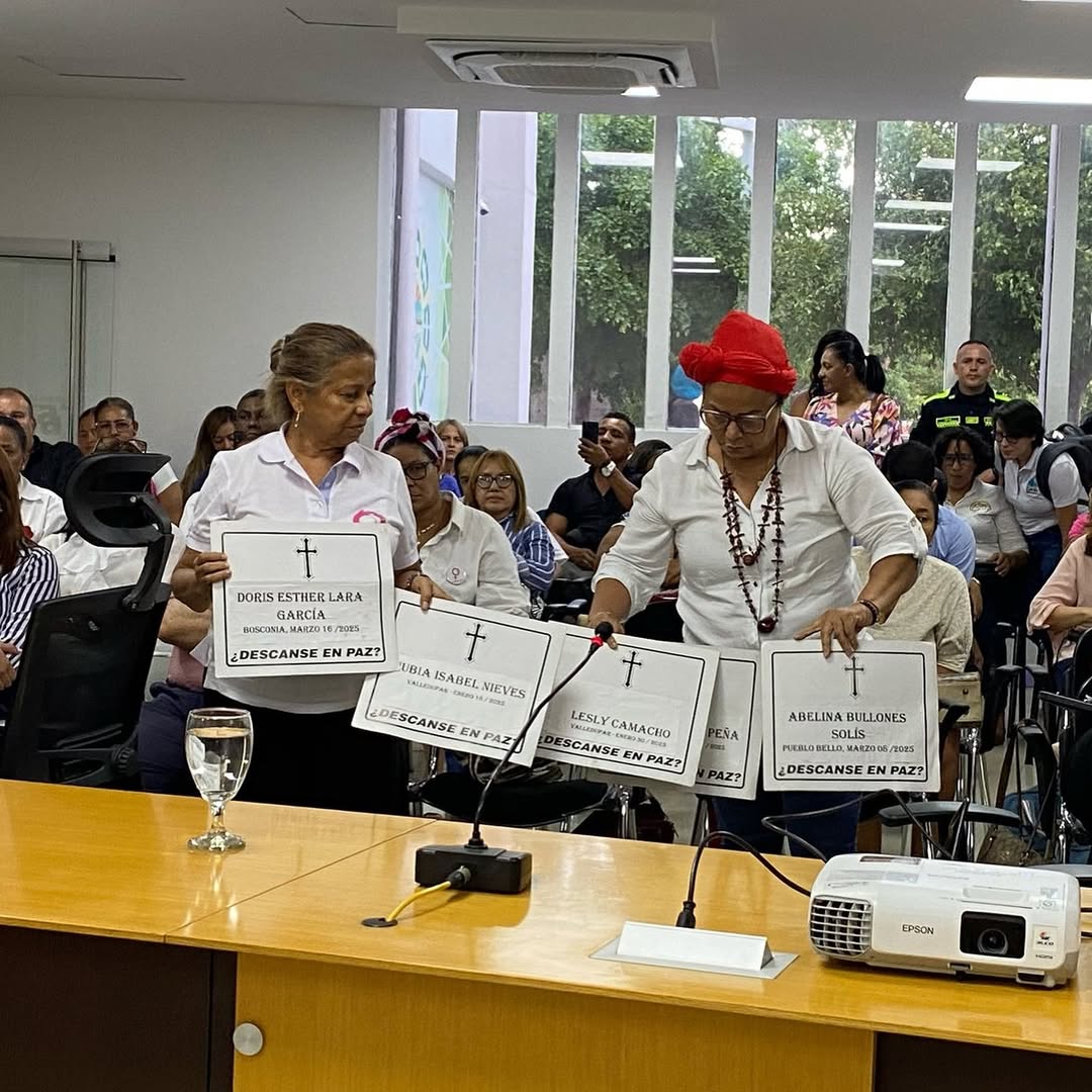Integrantes de colectivos feministas del Cesar alzan lápidas con los nombres de víctimas de feminicidio durante el debate en la Asamblea Departamental. Foto: EL PILÓN.