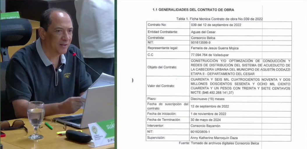 Jesús Suárez, diputado oriundo de Agustín Codazzi, durante el debate de control político sobre el contrato de construcción y optimización del sistema de acueducto en la cabecera urbana del municipio.