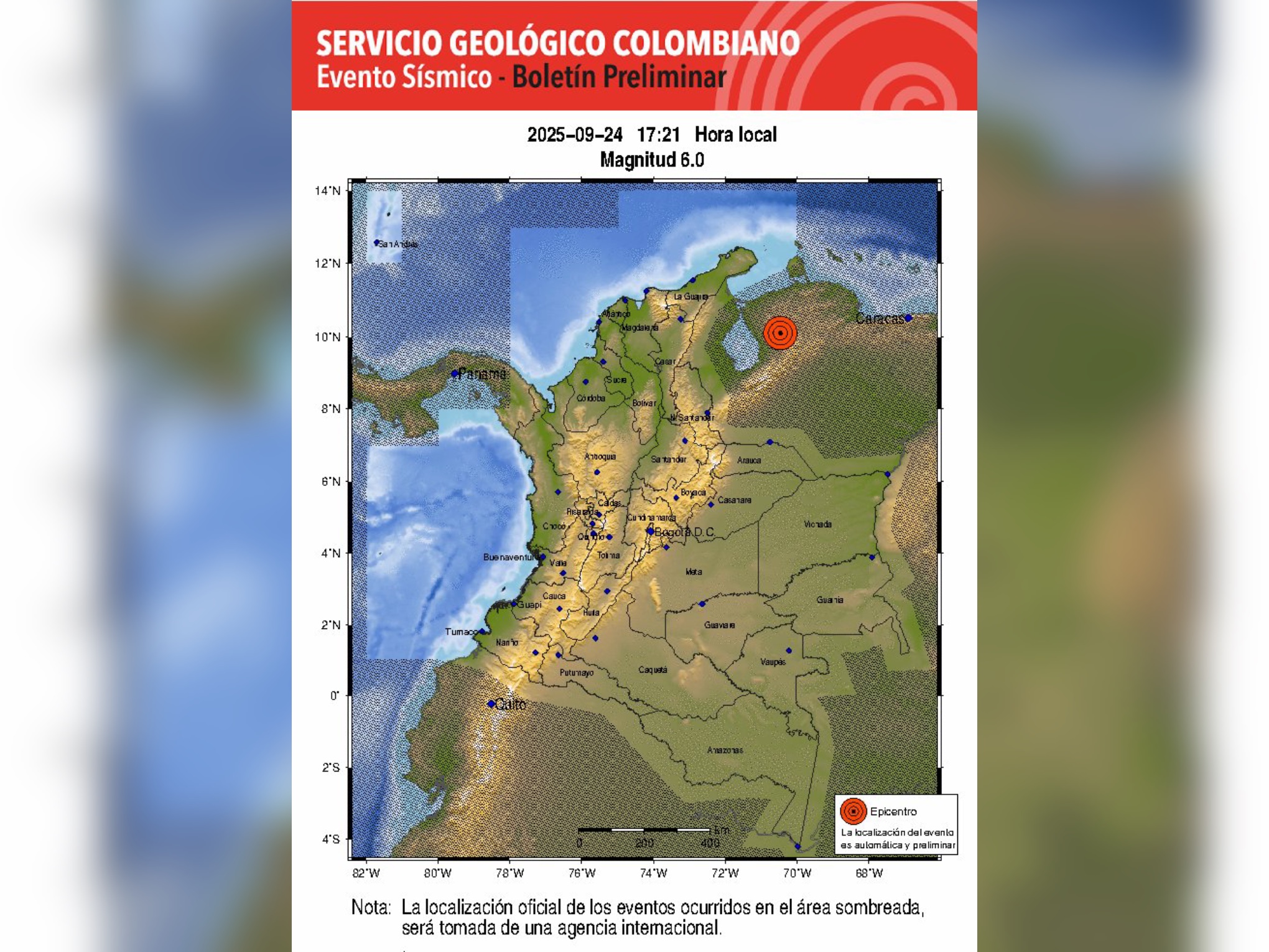 Fuerte sismo de 6.0 en Venezuela sacude Valledupar y otras regiones de Colombia