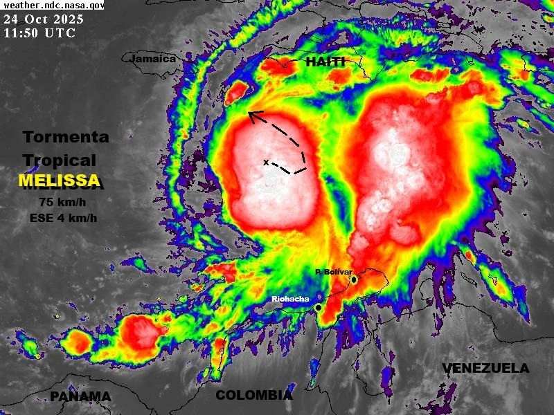 Tormenta tropical Melissa avanza lentamente sobre el centro del mar Caribe.