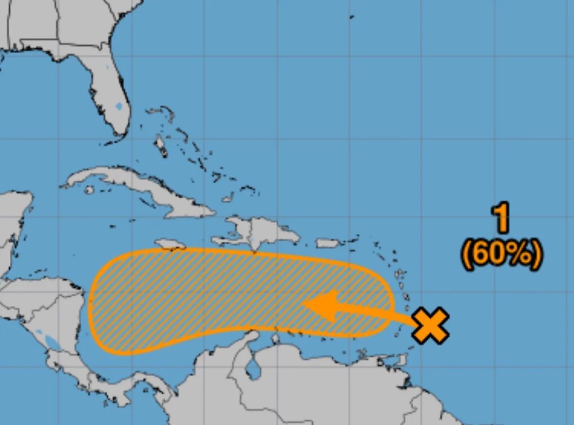 La Onda Tropical AL98 avanza sobre el Mar Caribe cerca de las Antillas Menores, generando vientos de hasta 52 km/h y olas de hasta 3 metros de altura. Imagen: IDEAM.