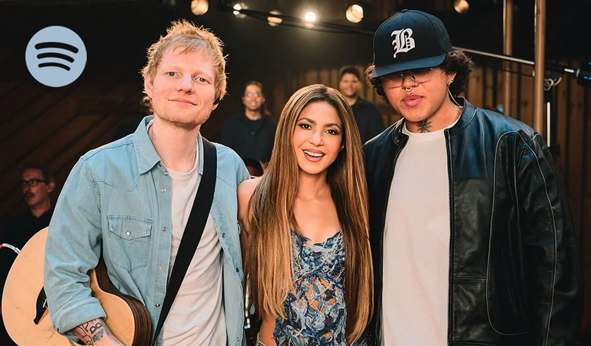 Shakira junto a Beéle y Ed Sheeran en la nueva versión de Hips Don’t Lie. FOTO: Spotify/Facebook Shakira.