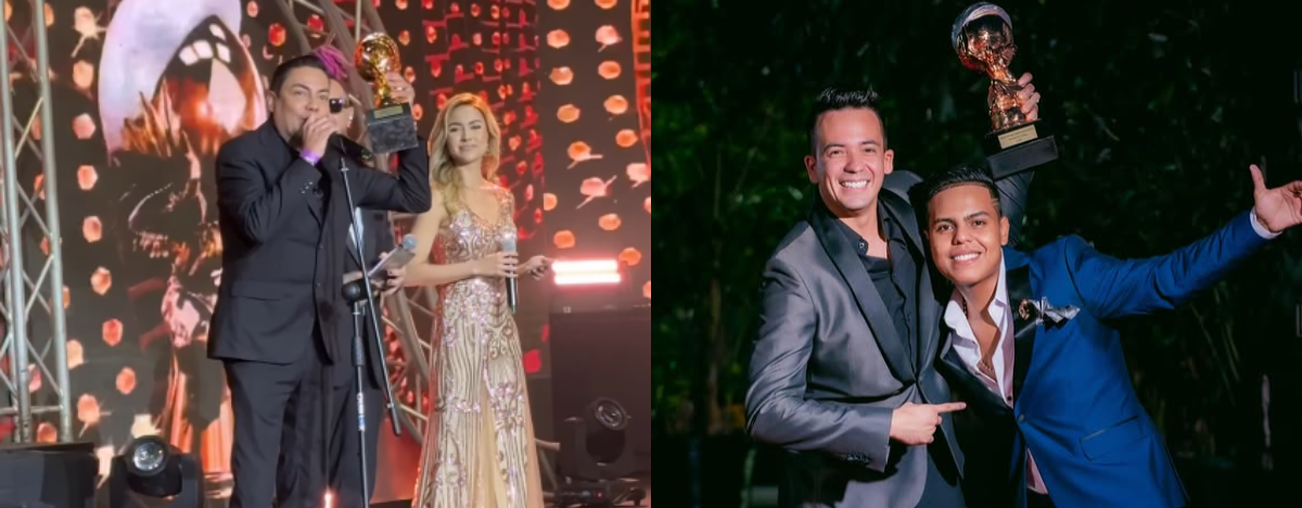 Churo Díaz, Carlos Rueda y Haffit David durante la ceremonia de Premios Luna en Barranquilla. FOTO: REDES PREMIOS LUNA.