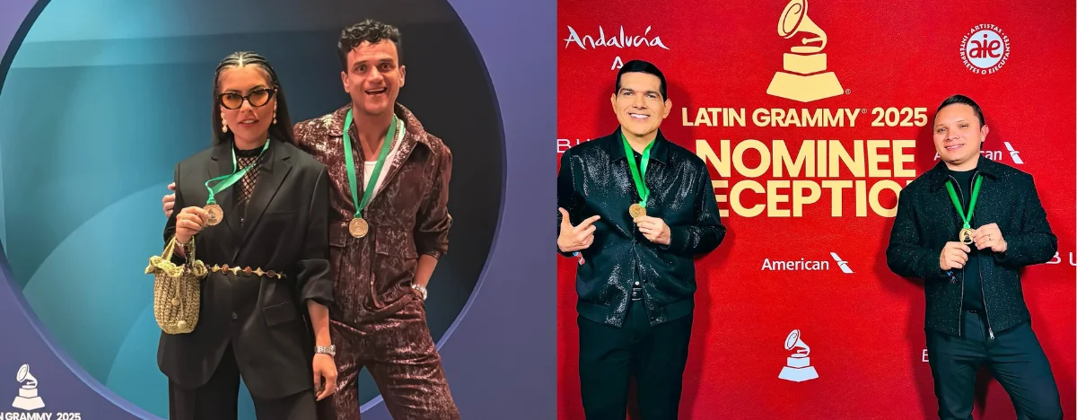 Karen Lizarazo, Silvestre Dangond, Peter Manjarrés y el acordeonero Luis José Villa recibieron una medalla por su nominación a los Latin Grammy 2025. FOTO: REDES SOCIALES/LATIN GRAMMY.