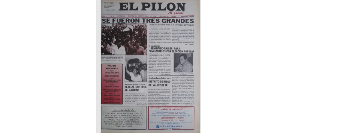 EL PILÓN realizó el 29 de noviembre de 1994 un especial sobre el fallecimiento de Juancho Rois, Eudes Granados y Rangel 'Maño' Torres.   FOTO: ARCHIVO/ EL PILÓN.