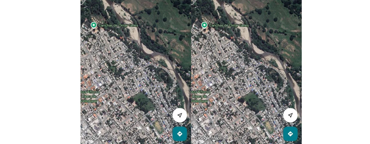 El polémico proyecto de la Avenida del Río en Valledupar, cuestionado por autoridades indígenas y lideresas kankuamas, atraviesa ecosistemas vitales del río Guatapurí y humedales tradicionales de pagamento, generando alerta por su potencial ecocidio y el impacto espiritual y cultural en los territorios ancestrales de la Línea Negra. Foto: Tomada de Google Maps.