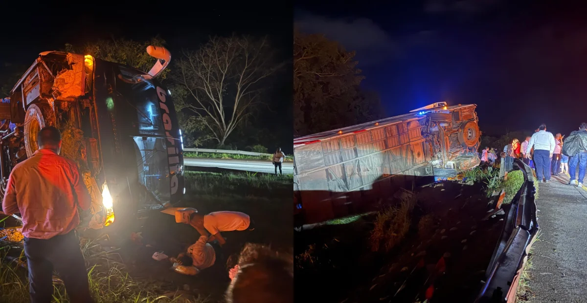 Un bus intermunicipal de la empresa Brasilia, que cubría la ruta Bogotá–Maicao, terminó volcado. Foto: Cortesía