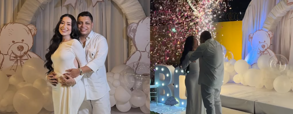 Daniel Geles y su novia Roselina Cárdenas en la fiesta de revelación de sexo. FOTO: REDES SOCIALES.