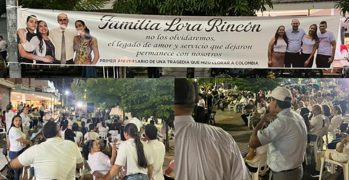 Vestidos de blanco, ciudadanos y líderes religiosos realizaron un plantón y jornada de oración en el lugar donde fue asesinada la familia pastoral Lora Rincón, al cumplirse un año de la tragedia. Foto: Cortesía.