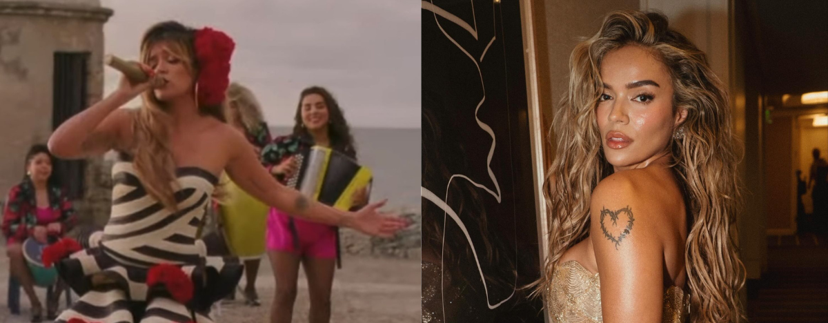 Karol G grabó el video de ‘No puedo vivir sin él’ en Cartagena con la acordeonera María Sara Vega. FOTO: CORTESÍA.