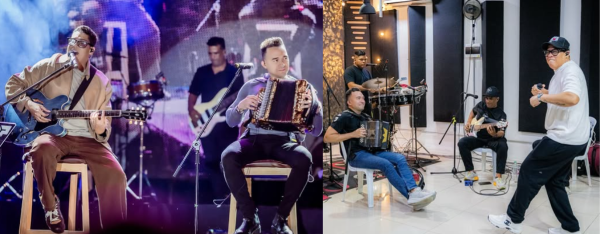 Rafa Pérez y Sergio Luis Rodriguez en un concierto en Chiquinquirá y durante los ensayos. FOTO: REDES SOCIALES.