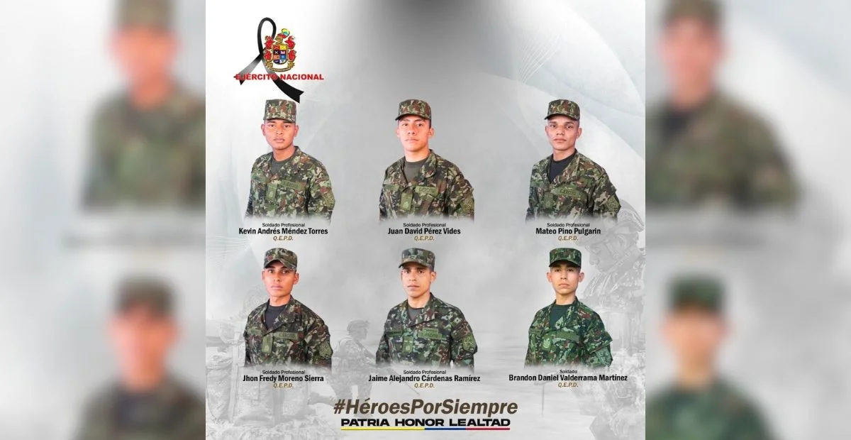 Las víctimas mortales fueron identificadas como los soldados profesionales Jaime Alejandro Cárdenas Ramírez, Mateo Pino Pulgarín, Juan David Pérez Vides, Kevin Andrés Méndez Torres, Jhon Fredy Moreno Sierra y el soldado Brandon Daniel Valderrama Martínez. Foto: Ejército.