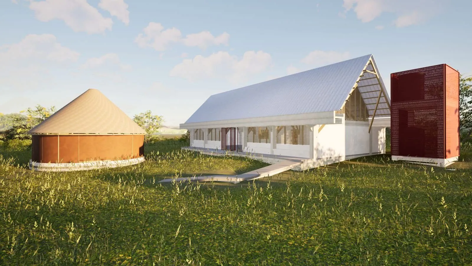 Render conceptual de la nueva sede de la Biblioteca Pública Kankuaka en Atánquez, con diseño moderno que integrará espacios de lectura, aprendizaje y preservación cultural para la comunidad kankuama. Foto: Cortesía.