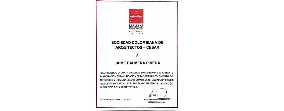 Reconocimiento de la Sociedad Colombiana de Arquitectos a Jaime Palmera. 
