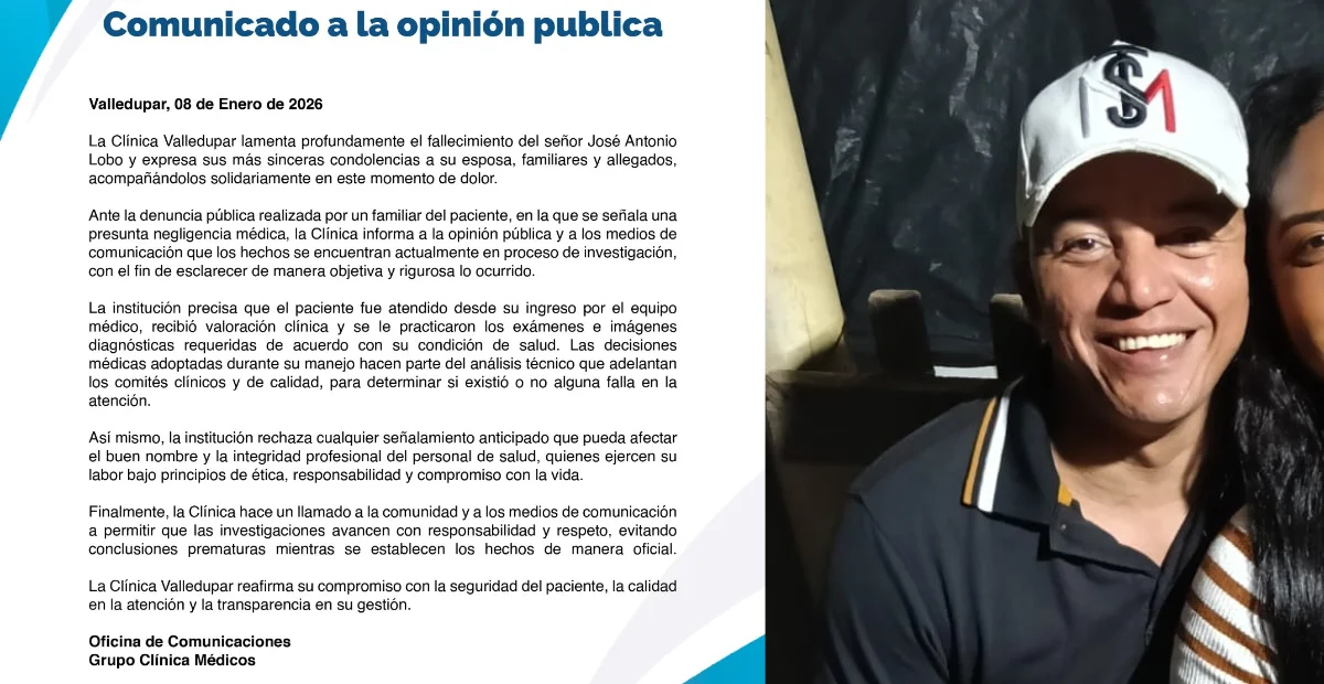 La Clínica Valledupar aseguró que el fallecimiento de José Antonio Lobo está siendo analizado por sus comités clínicos y de calidad tras la denuncia de presunta negligencia médica. Foto: cortesía.