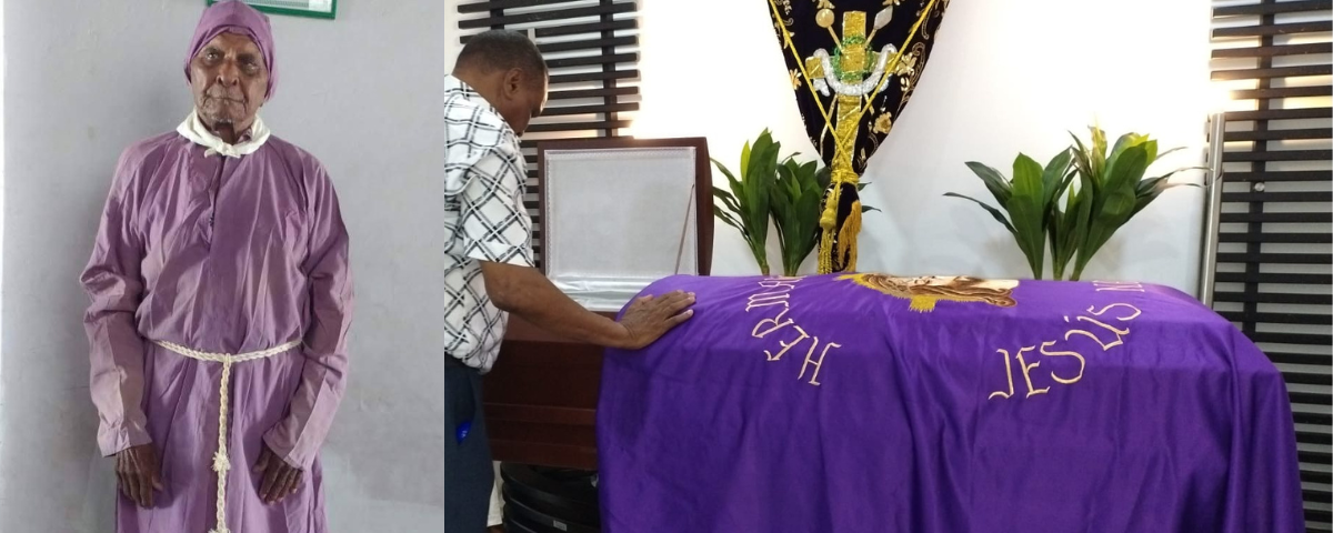 José del Rosario ‘Chayo’ Araméndiz, nazareno más longevo de Valledupar, en una imagen en vida con el uniforme de la Hermandad de Jesús Nazareno y durante sus exequias, realizadas este domingo en la ciudad.