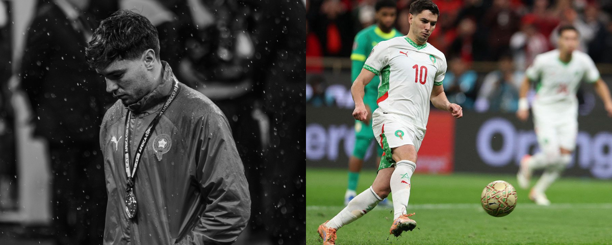 Esta fotografía (izq.) acompañó el mensaje del delantero marroquí. A la derecha, el momento del penal. Fotos: X.