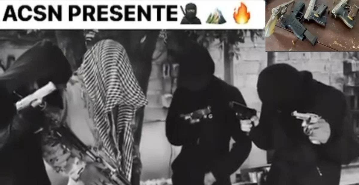 Imagen del video difundido en redes sociales donde aparecen hombres encapuchados y armados, que habría sido grabado por un presunto grupo armado ilegal. Foto: Cortesía.