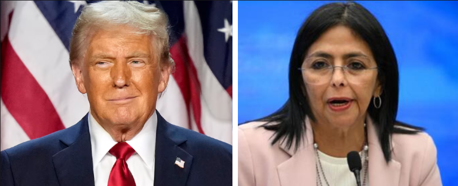 Donal Trump, presidente de Estados Unidos, y Delcy Rodríguez, vicepresidente de Venezuela.