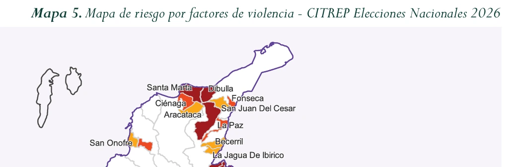 Santa Marta (extremo), Valledupar (medio), Dibulla y Fonseca (alto), entre los 13 de Cesar, Guajira y Magdalena en alerta por injerencia que afecta el 96,4% de CITREP. Imagen: MOE.