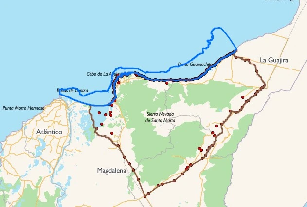 Mapa del Instituto Geográfico Agustín Codazzi que muestra el territorio ancestral delimitado por la Línea Negra. Fuente: Igac
