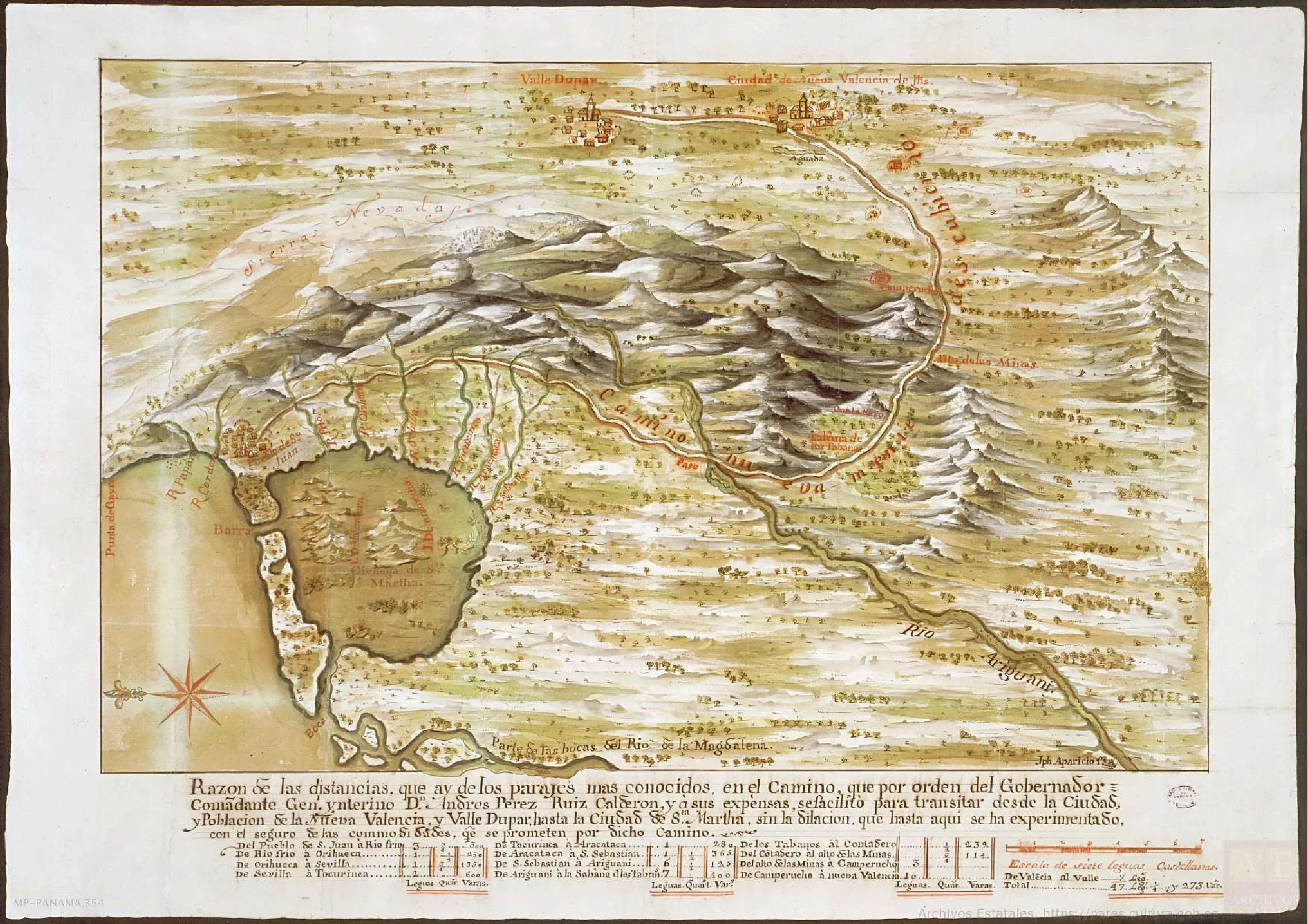 El mapa "Proyecto del camino desde Nueva Valencia y Valle Dupar hasta la ciudad de Santa Marta", trazado por Joseph Aparicio en 1793. Este documento, custodiado en el Archivo General de Indias, es la prueba reina de la existencia del "Camino de los Antiguos", una ruta que unió la fe de los nazarenos con el Caribe. Foto: Archivo General de Indias / PARES.