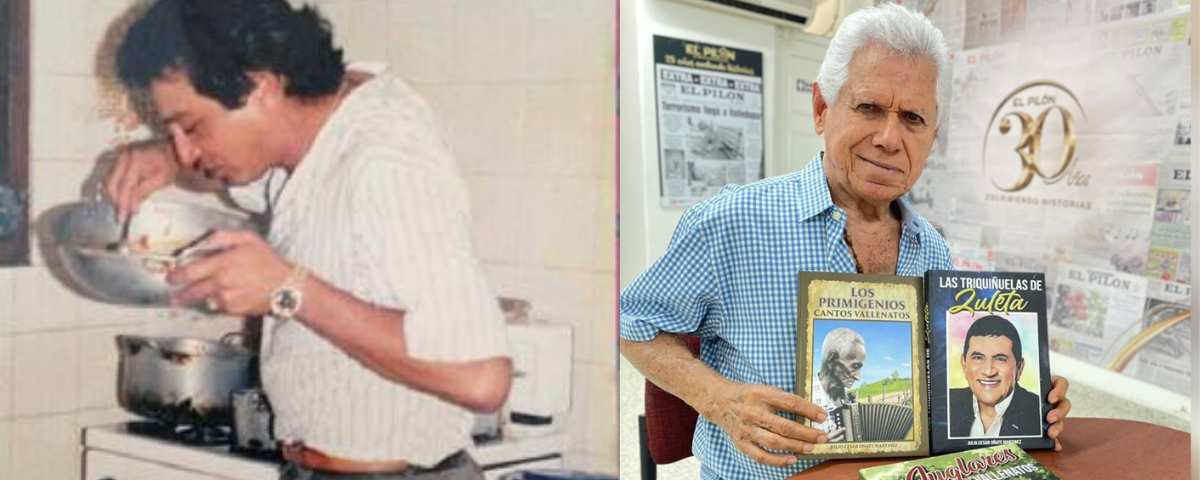 Icónica foto de Diomedes Díaz degustando el delicioso plato caribeño. A la der. el maestro Julio Oñate.