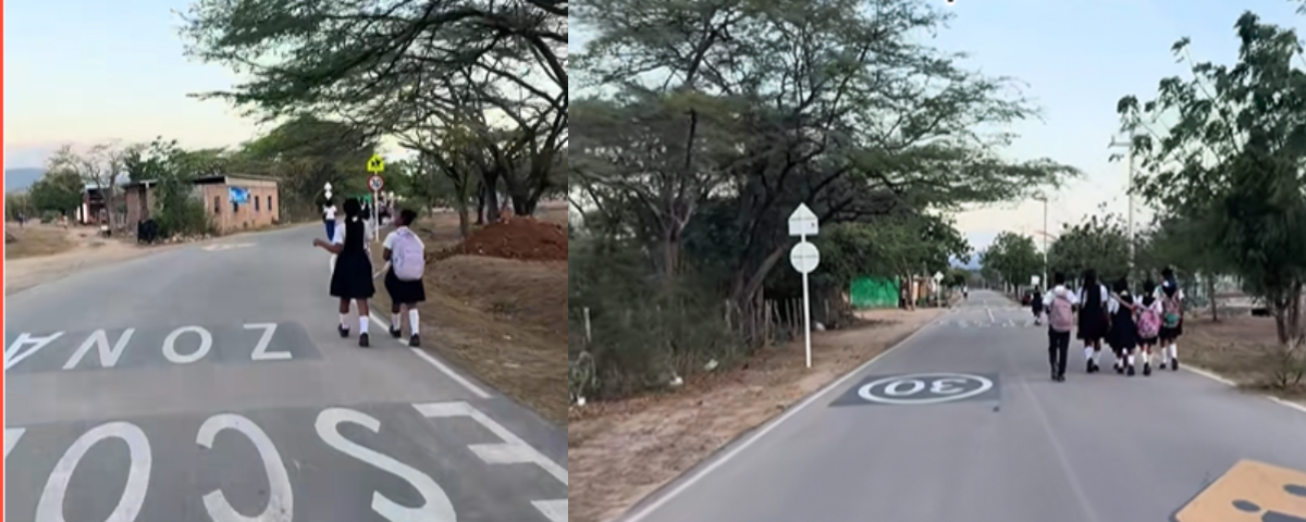 Estudiantes de Guacoche caminan la trocha hacia la I.E. José Celestino Mutis (rutas 57-58 aprobadas), bajo el sol del bosque seco. Imagen: Tomada del vídeo de jonathan.pumarejo.