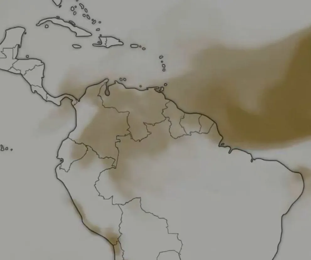 Mapa de vientos en el Caribe que ilustra el desplazamiento de la masa de aire cargada de polvo del Sahara hacia el norte de Colombia. 