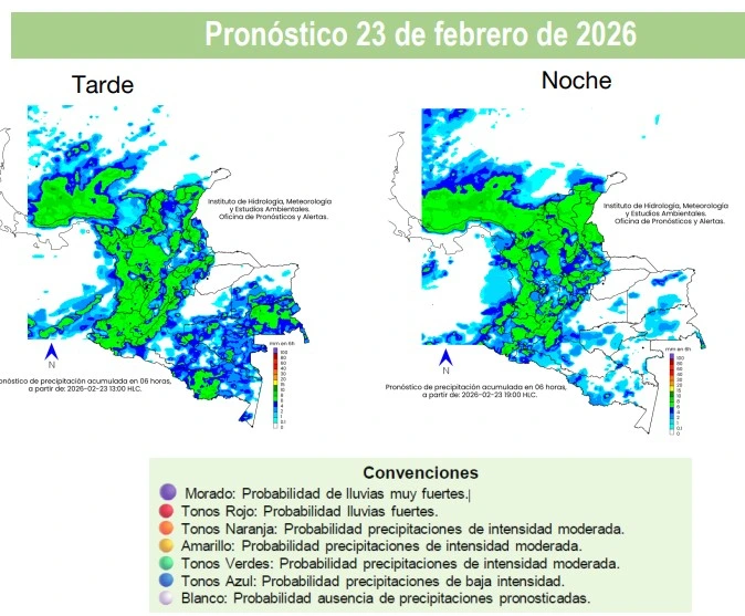 Mapa de alertas vigentes del IDEAM para el 23 de febrero. Se observa el predominio de la alerta naranja por incendios en el norte del Cesar y La Guajira, contrastando con las alertas rojas por inundaciones y deslizamientos en el resto del país. Imagen Ideam