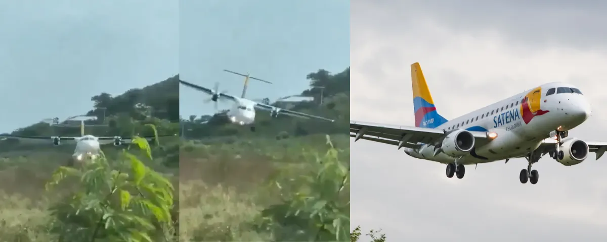 Momento en el que el avión ATR 42 de Satena aborta su aterrizaje en el aeropuerto El Embrujo debido a fuertes ráfagas de viento.