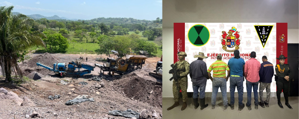 Durante la intervención, las autoridades hallaron tres máquinas de línea amarilla tipo retroexcavadora, utilizadas para remover grandes cantidades de tierra en la búsqueda de minerales.