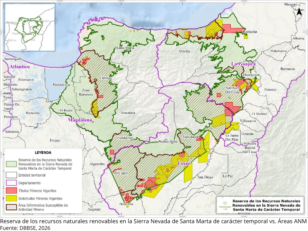 Reserva de los recursos naturales renovables en la SNSM de carácter temporal vs. Áreas ANM. Fuente: DBBSE, 2026.