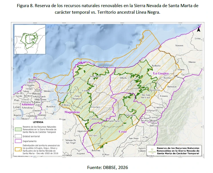 Reserva de los recursos naturales renovabls de la SNSM de carácter temporal vs. Línea Negra. Fuente: DBBSE, 2026.

