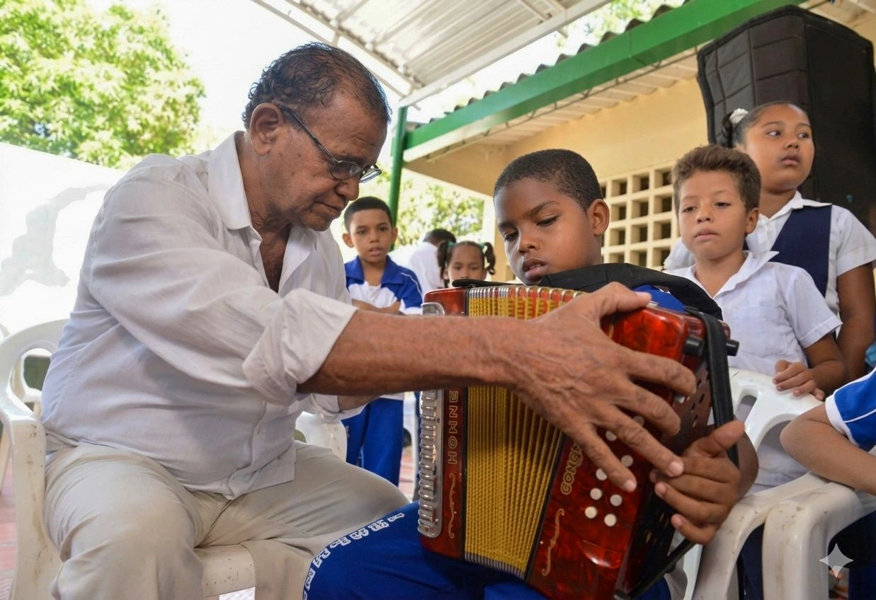 El maestro Andrés ‘El Turco’ Gil guía a un grupo de niños y niñas en su academia de Valledupar, donde el acordeón se convierte en juego, disciplina y oportunidad de futuro. Foto: Said Armenta.