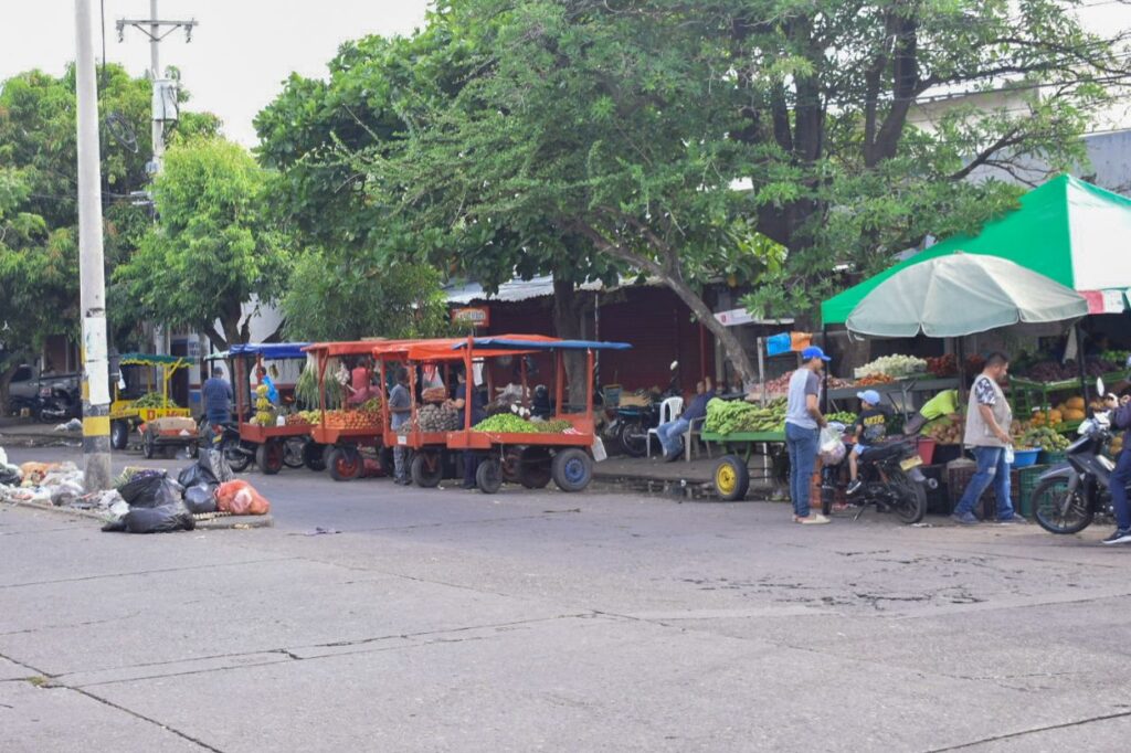 Vendedores informales ocupan el espacio público en los alrededores del mercado de Valledupar, ofreciendo productos sin regulación ni pago de impuestos y aumentando la presión sobre el comercio formal del centro de abastos. Foto: Said Armenta.