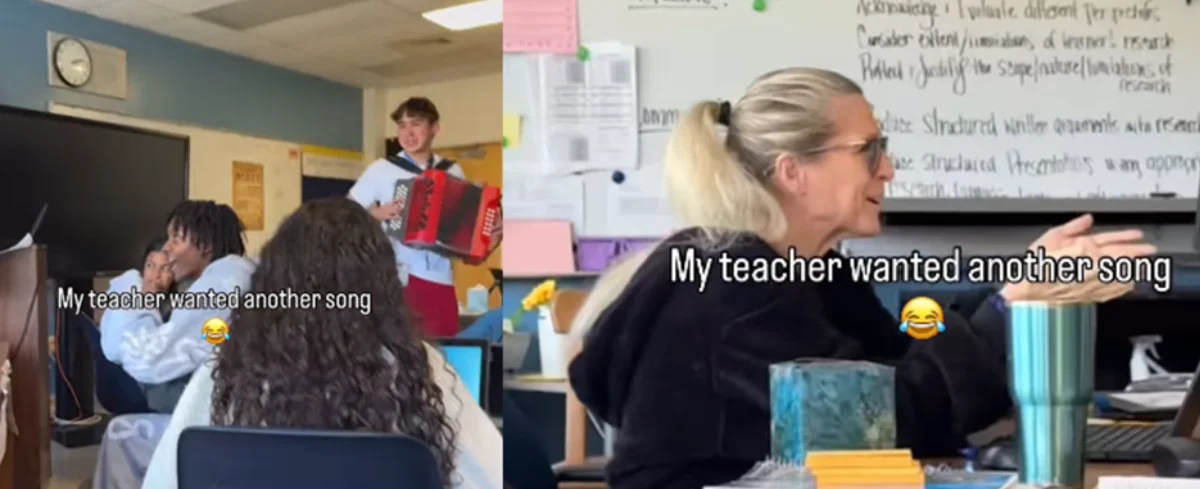 Joven estudiante que tocó acordeón en su clase en Estados Unidos.