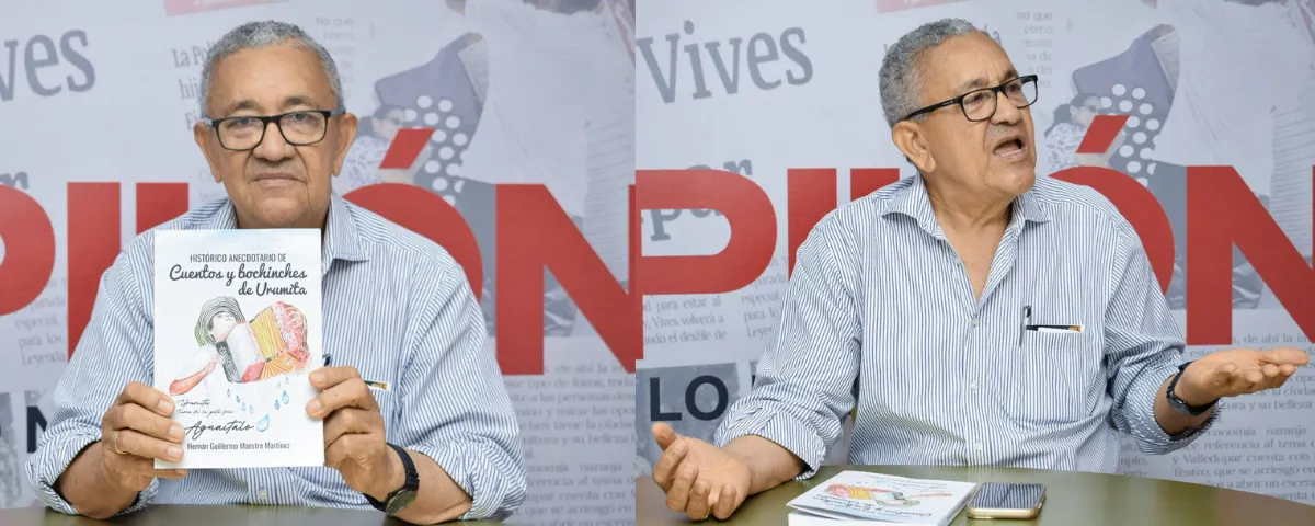 Hernán Guillermo Maestre Martínez presenta su libro ‘Histórico anecdotario de cuentos y bochinches de Urumita’, una obra que rescata la tradición oral y la memoria cultural de su pueblo. Foto: Said Armenta.