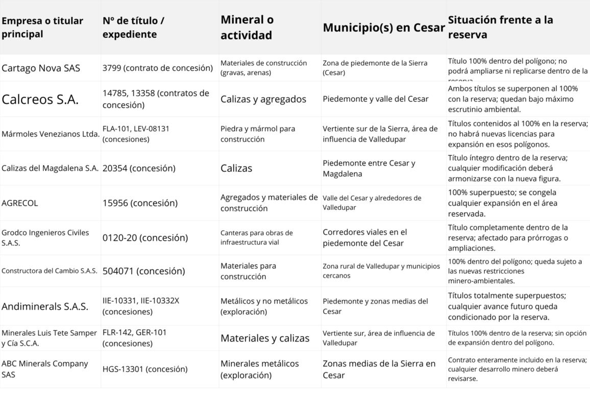 Empresas con títulos 100% dentro de la megarreserva en Cesar. La lista es ilustrativa, no exhaustiva, basada en la tabla de 93 títulos que entregó la ANM al Ministerio.