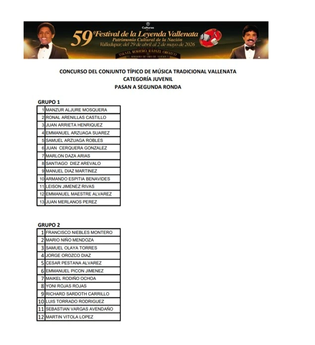 Clasificados a siguiente ronda en la categoría Acordeonero Juvenil del Festival Vallenato 2026.