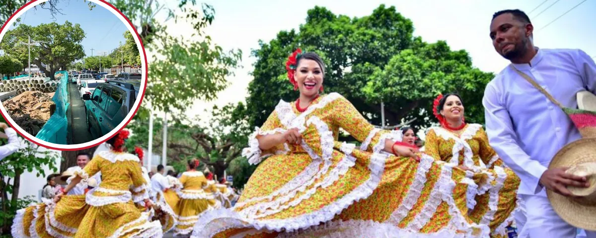Bailarines de piloneras recorriendo las avenidas principales de Valledupar durante el Festival de la Leyenda Vallenata