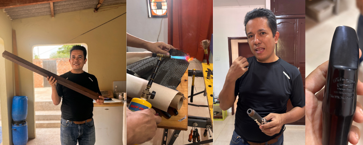 El luthier César Palmezano muestra el tronco de corazón fino que utiliza como materia prima para fabricar instrumentos de viento en el Caribe colombiano. Foto: Katlin Navarro.