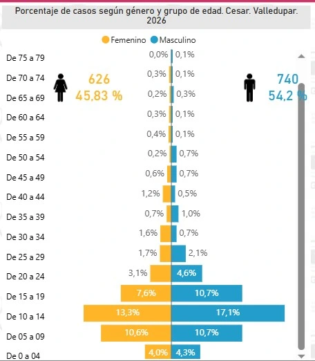 Barras comparativas de dengues reportados por edad y sexo en Valledupar, que confirman el peso del brote en menores y en sectores urbanos vulnerables. Gráfico: Sivigila.