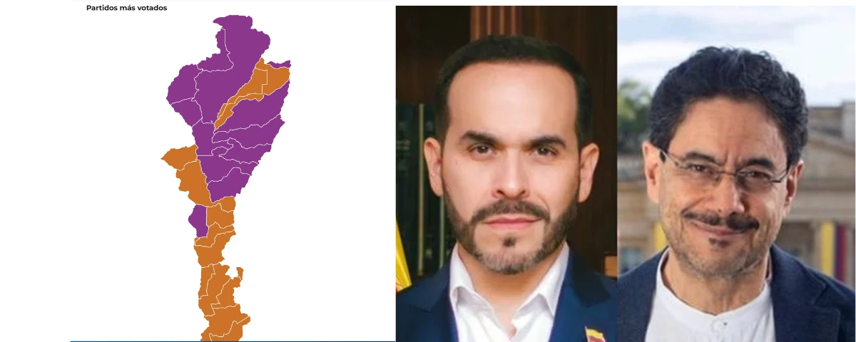Seguidores del Pacto Histórico (morado) y de Defensores de la Patria (anaranjado) siguen el conteo de votos en Valledupar tras una contienda muy reñida entre Iván Cepeda y Abelardo de la Espriella. Gráfico: Registraduría.