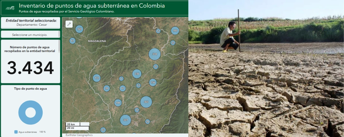 Mapa del Servicio Geológico Colombiano con los puntos de agua subterránea identificados en el norte del Cesar y sur de La Guajira.
