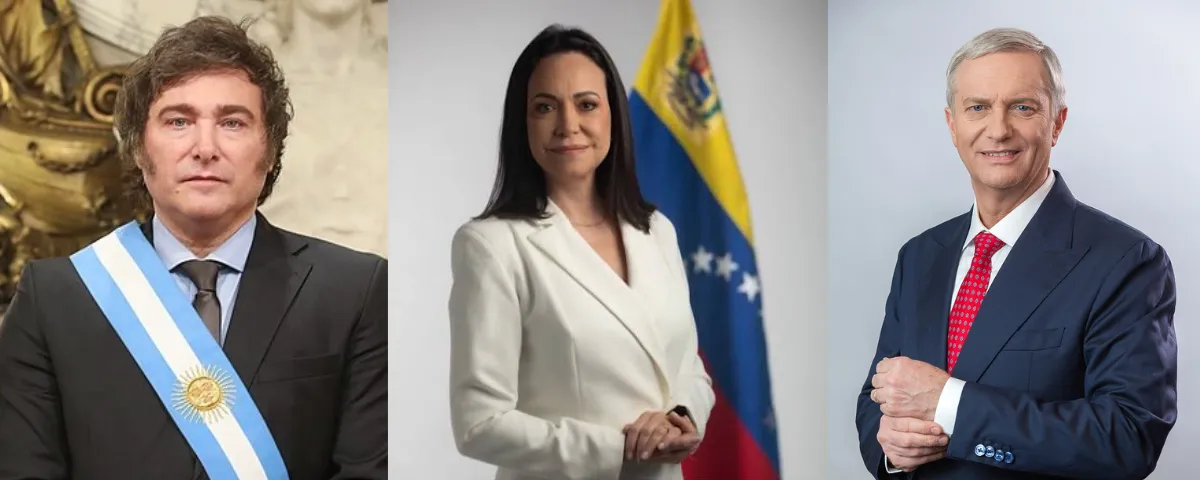 Presidente de Argentina Javier Milei, opositora de Venezuela María Corina Machado y presidente de Chile José Antonio Kast.