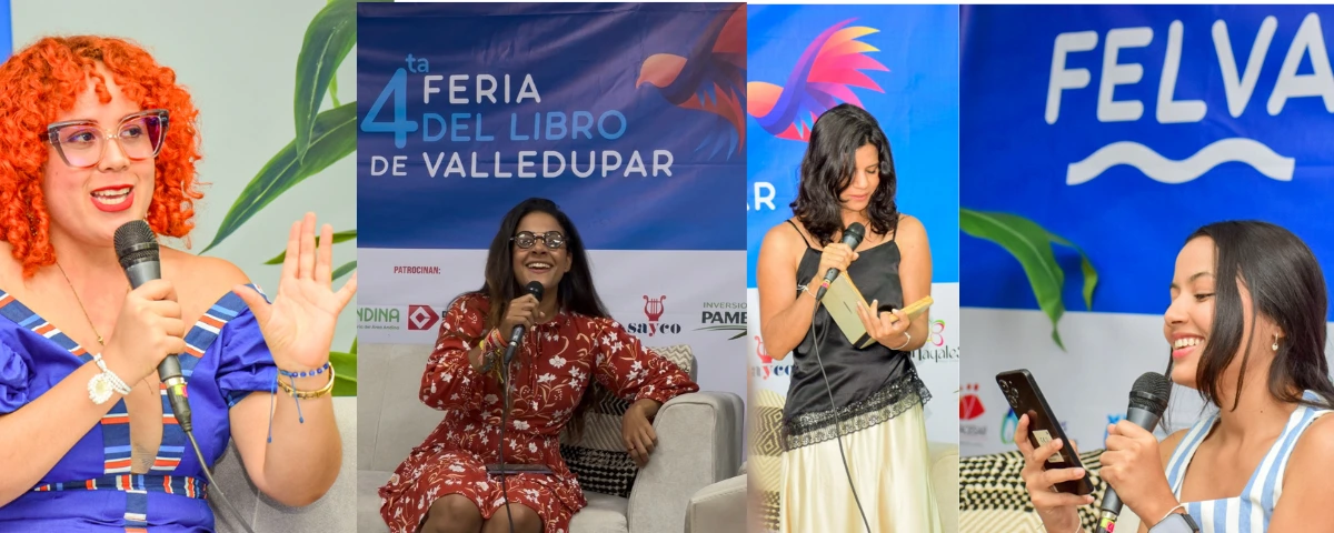 Cuatro autoras vallenatas —Katleen Navarro, Andrea Guerra, Luz Andrea Gómez y Marian Almeida— compartieron en Felva 2026 sus poemas y manuscritos. Foto: Said Armenta.