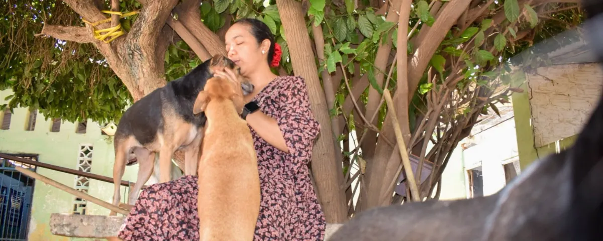 Karen Margarita Sierra Núñez, representante legal de la Fundación Callejeritos, junto a varios de los 71 perros rescatados que permanecen bajo su cuidado en el refugio del centro histórico de Valledupar. 